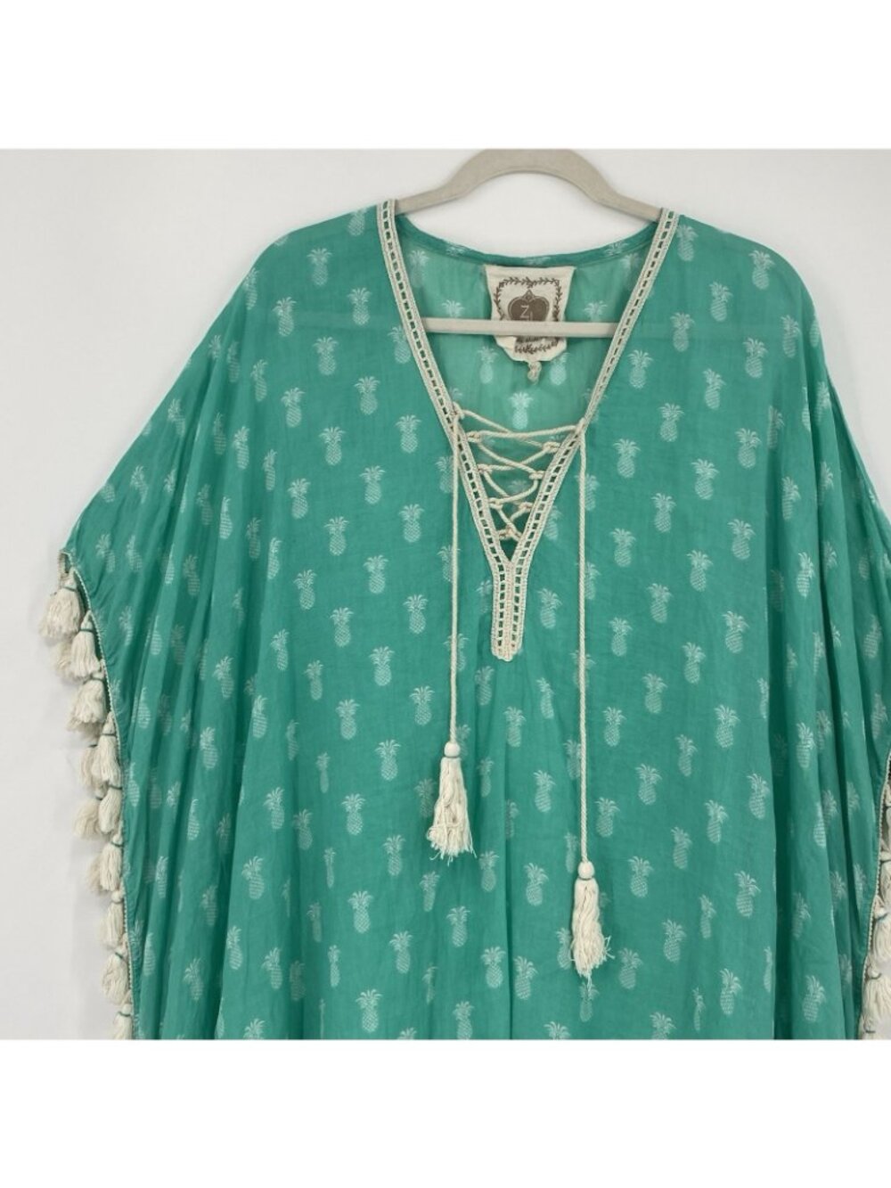 Z&L Europe Tassel Kaftan Swim Cover Up Pineapple Print BOHO Beach Size S/M - Picture 6 of 13